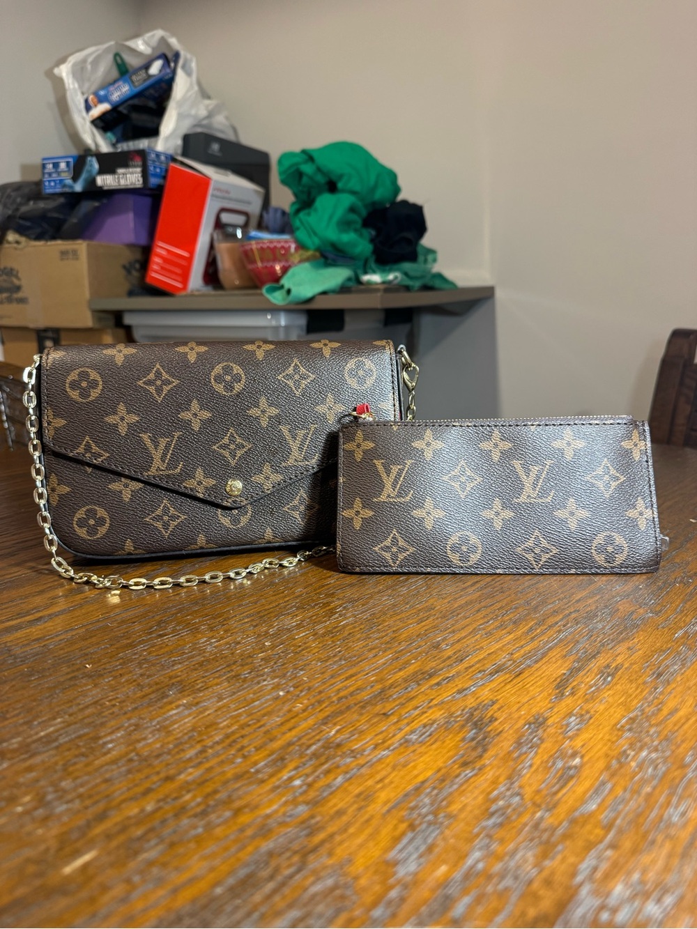 Louis Vuitton Brown Monogram Crossbody Wallet and Pochette Set